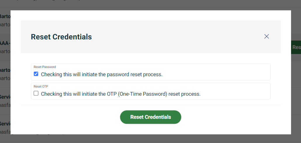 Reset user credentials dialog