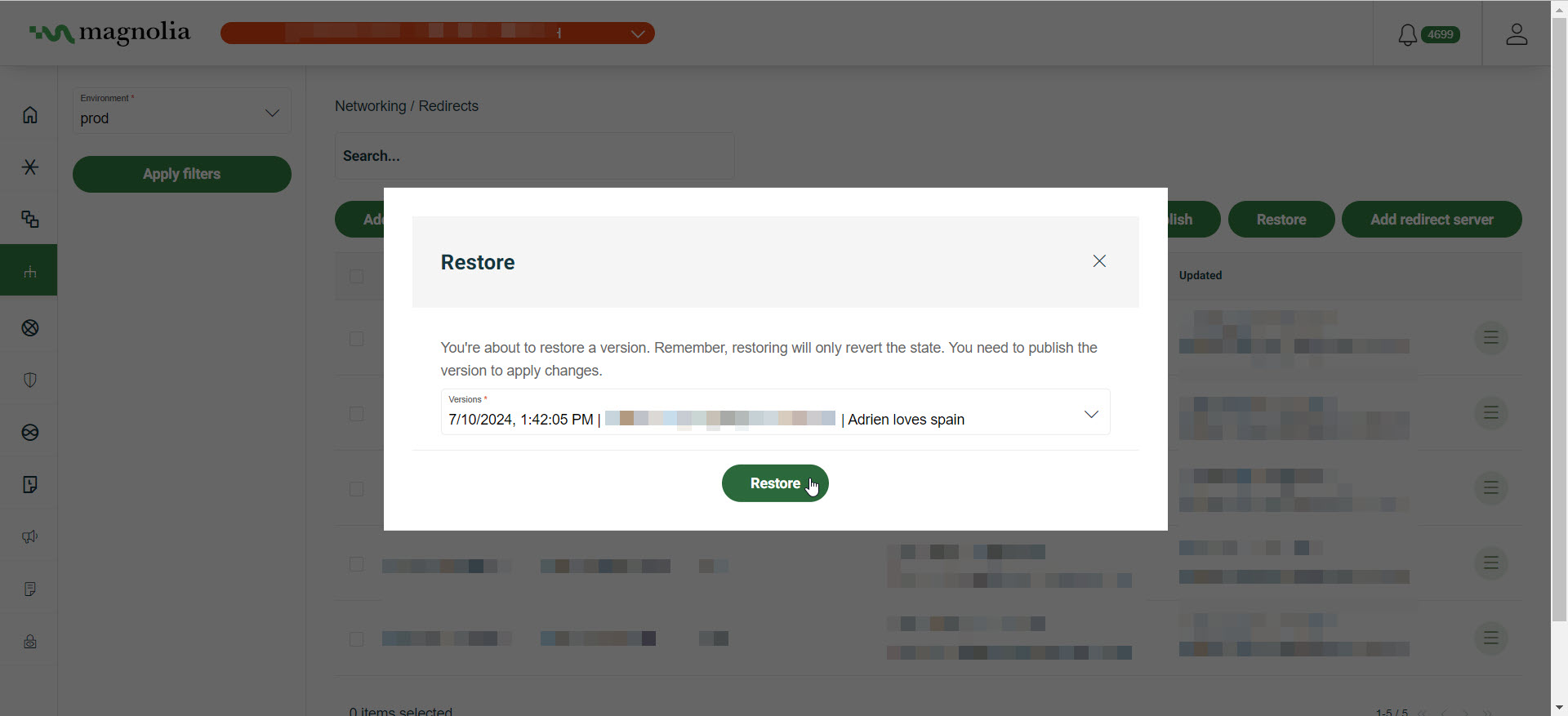 Restore redirects