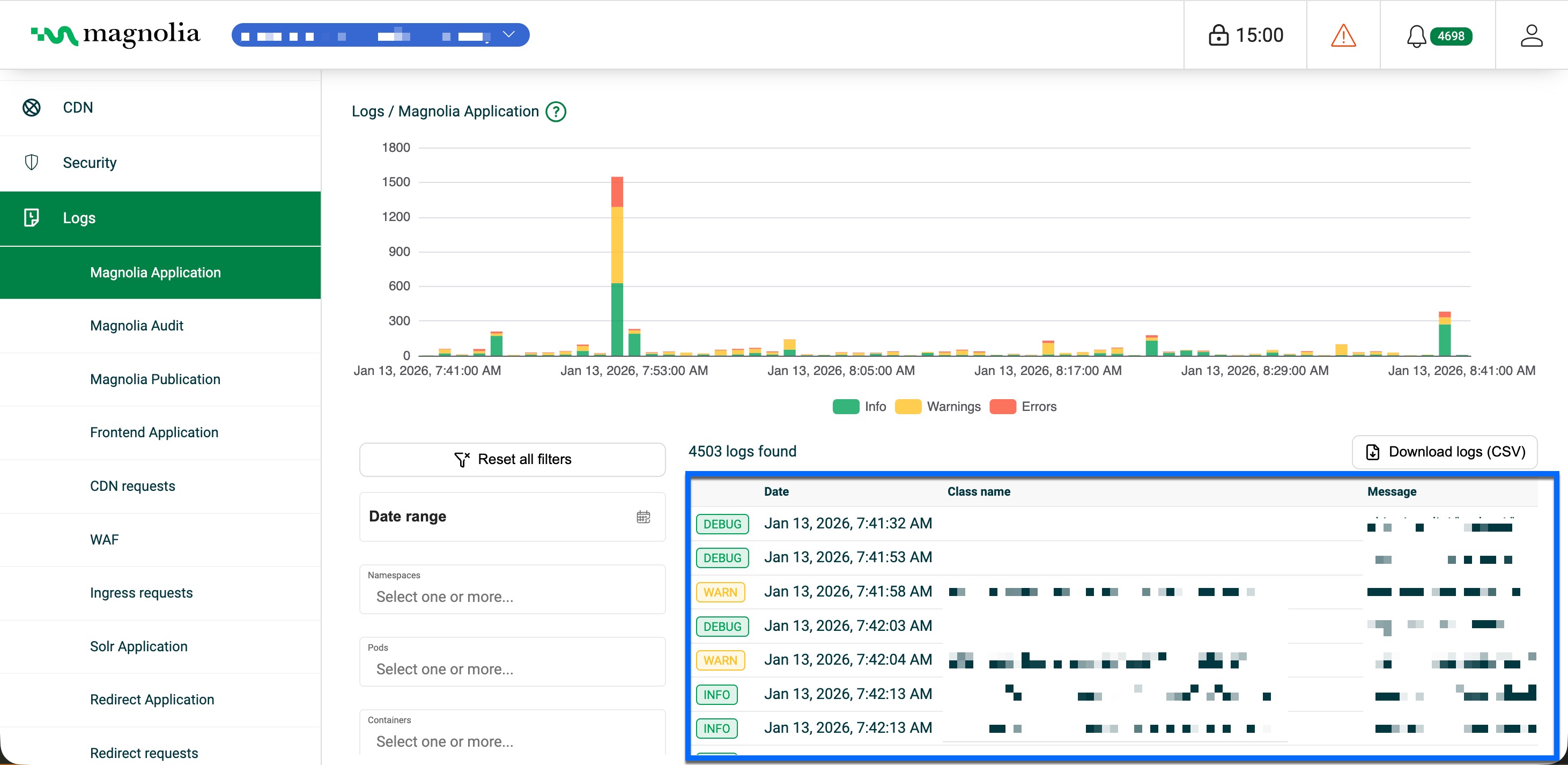 Magnolia Application log details table