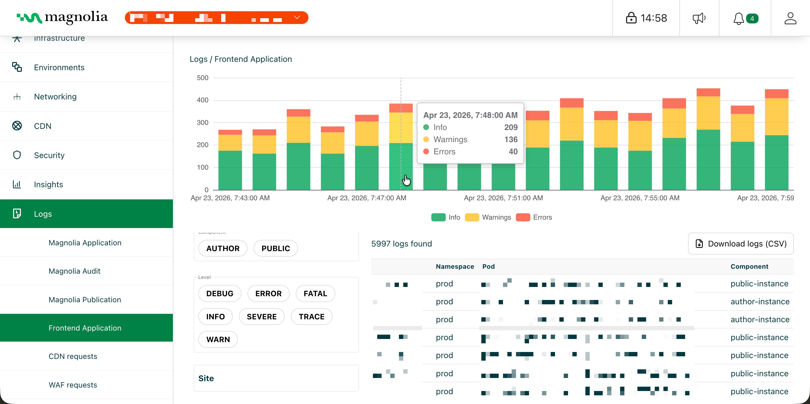 Frontend application logs