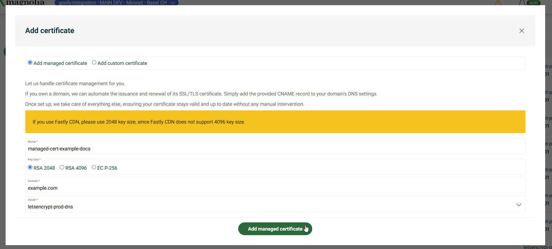 Add a managed certificate