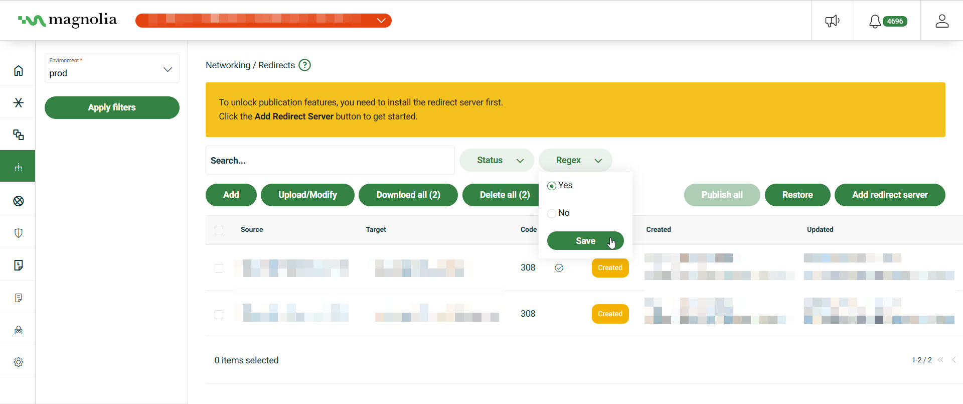 Filter redirects by RegEx
