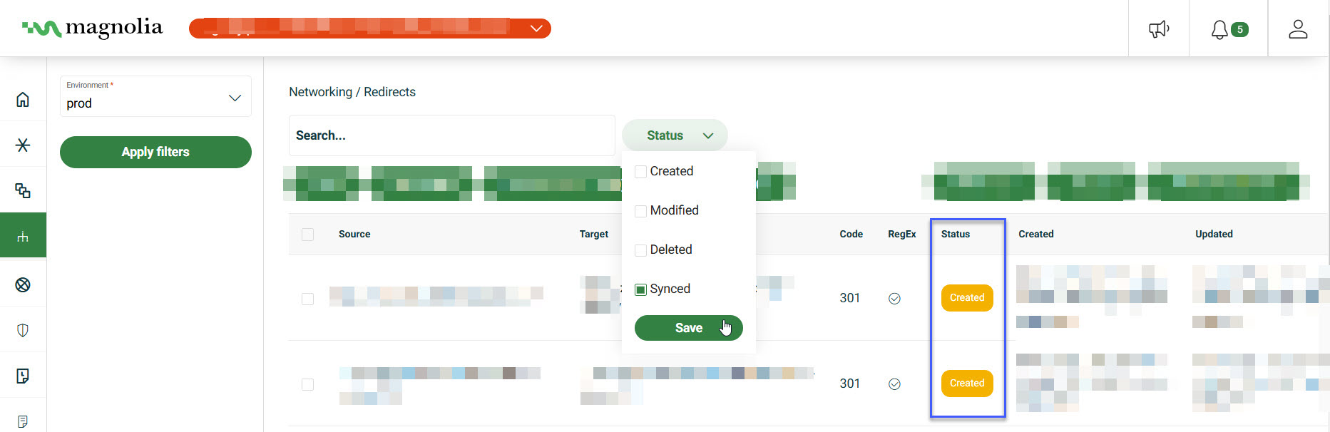 Filter redirects by status