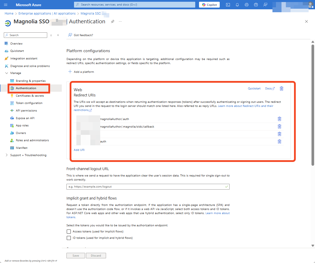 Azure SSO redirect URIs configuration