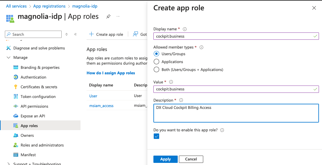 Create AppRole in Azure
