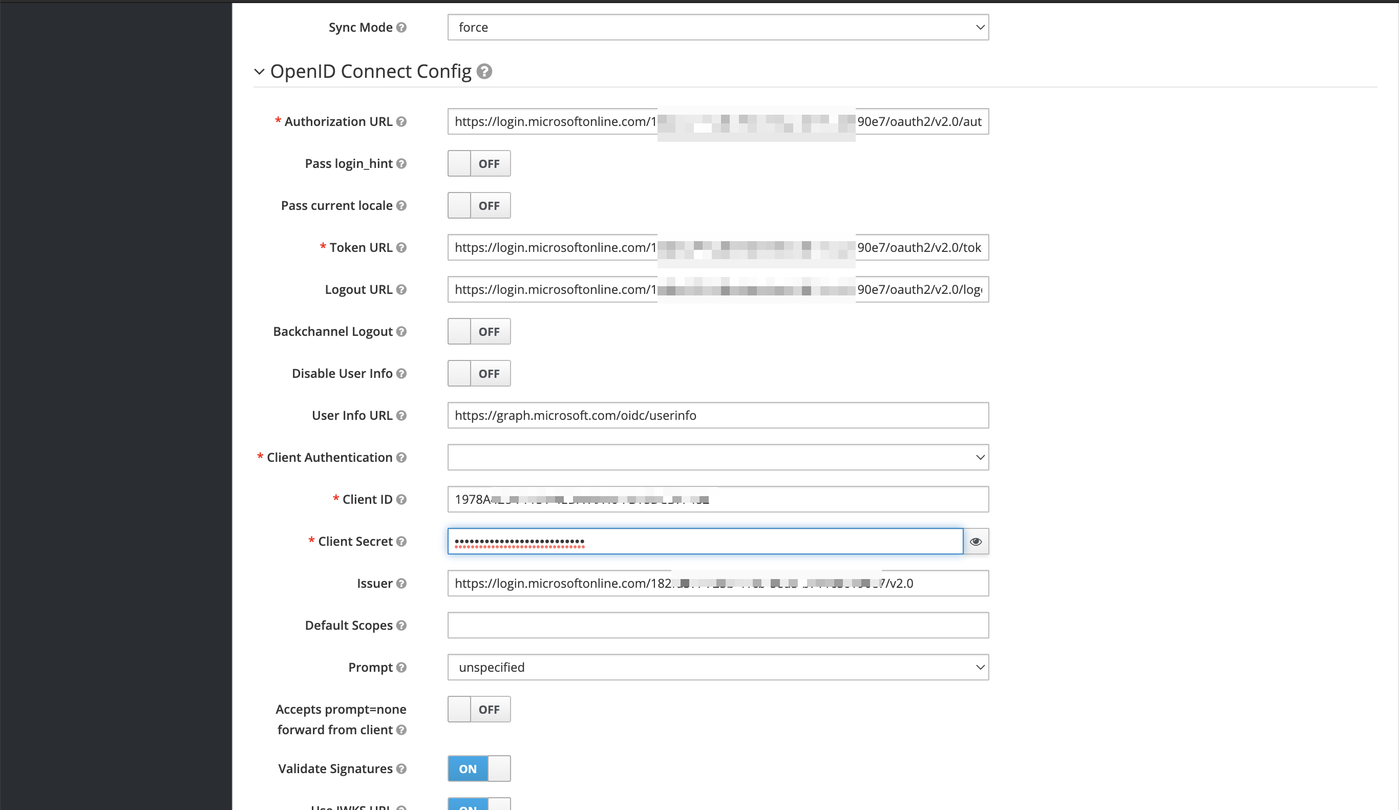 Enter Client ID and Secret in Keycloak