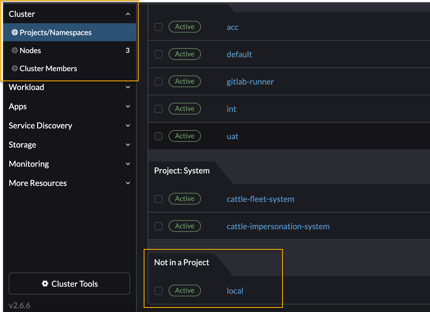 Project/Namespaces in Rancher